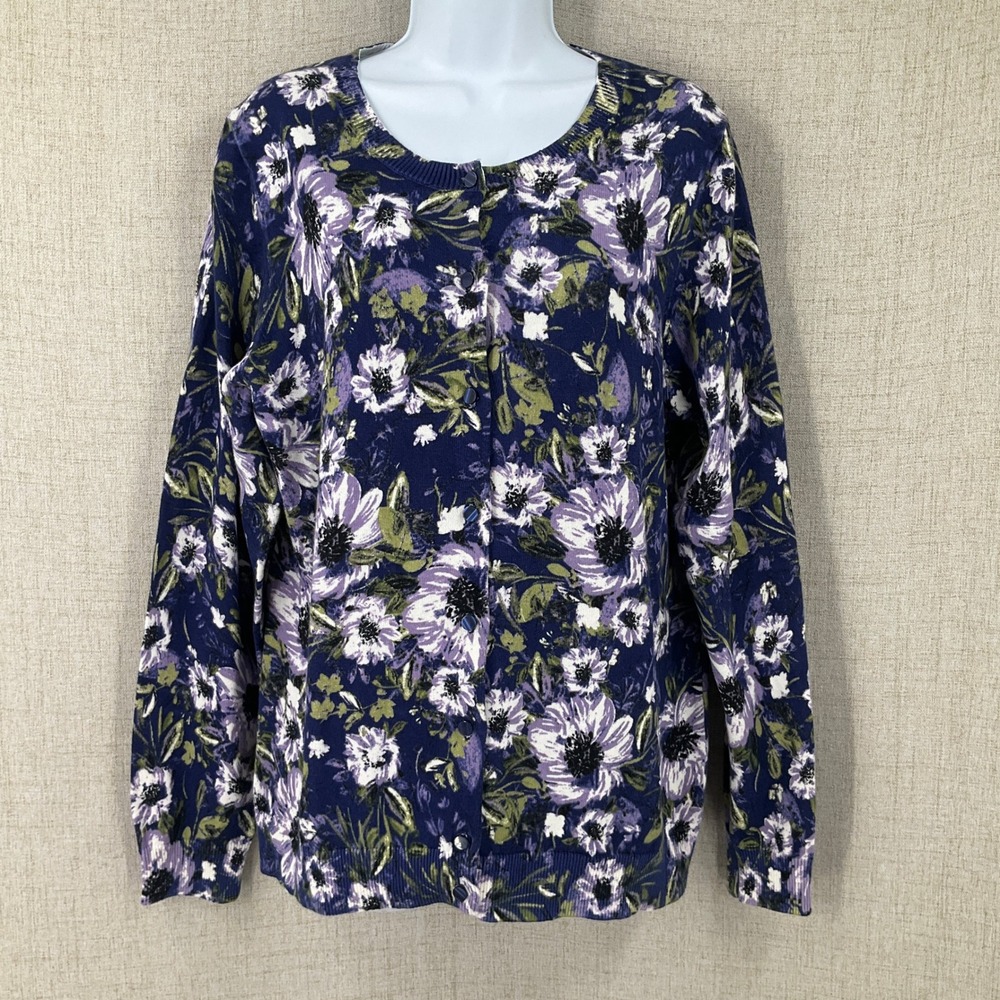 Talbots Cardigan Sweater Womens L Navy Blue Floral Print Button Front Bloomcore